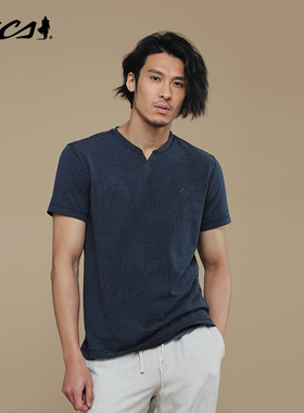 MCS男装源自万宝路新款夏季男短袖T恤亨利领显瘦显高纯棉美式t恤