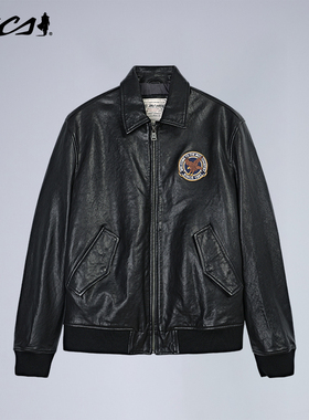 MCS源自万宝路男女同款绵羊皮飞行员皮衣秋季新款做旧宽松皮外套