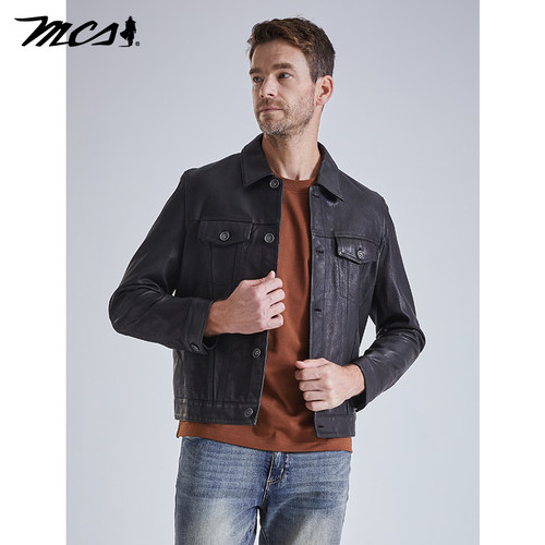 MCS水洗山羊皮真皮牛仔夹克皮衣