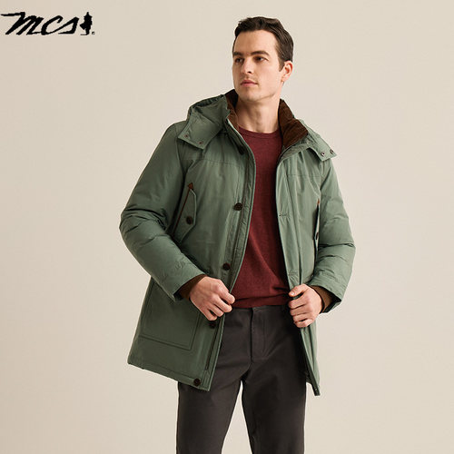 灰鸭绒立领可脱帽中长款羽绒服