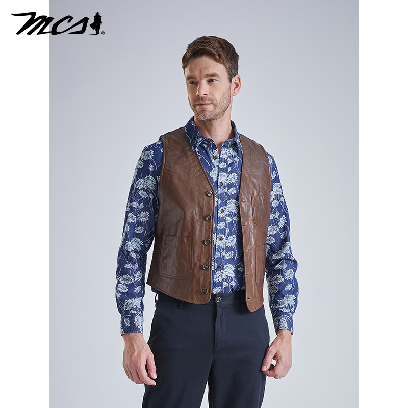 MCS男女同款真皮V领机车短款马甲