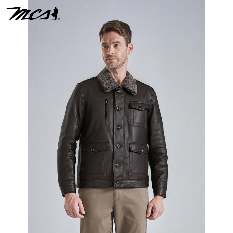 MCS男装源自万宝路冬季新款翻领可脱卸毛领皮衣美式真皮羽绒皮衣