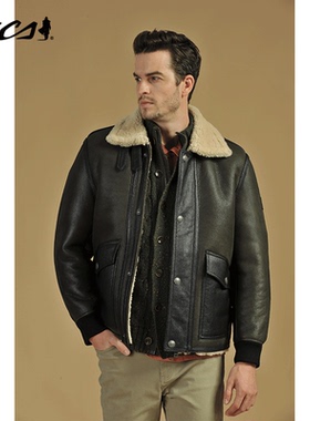 MCS源自万宝路冬季男士真皮皮衣美式休闲纯色翻领机车皮衣外套男