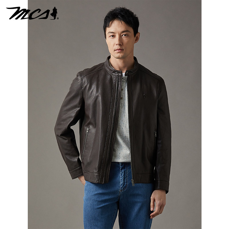 MCS男装源自万宝路春季新品植鞣绵羊皮修身小立领机车皮衣外套男