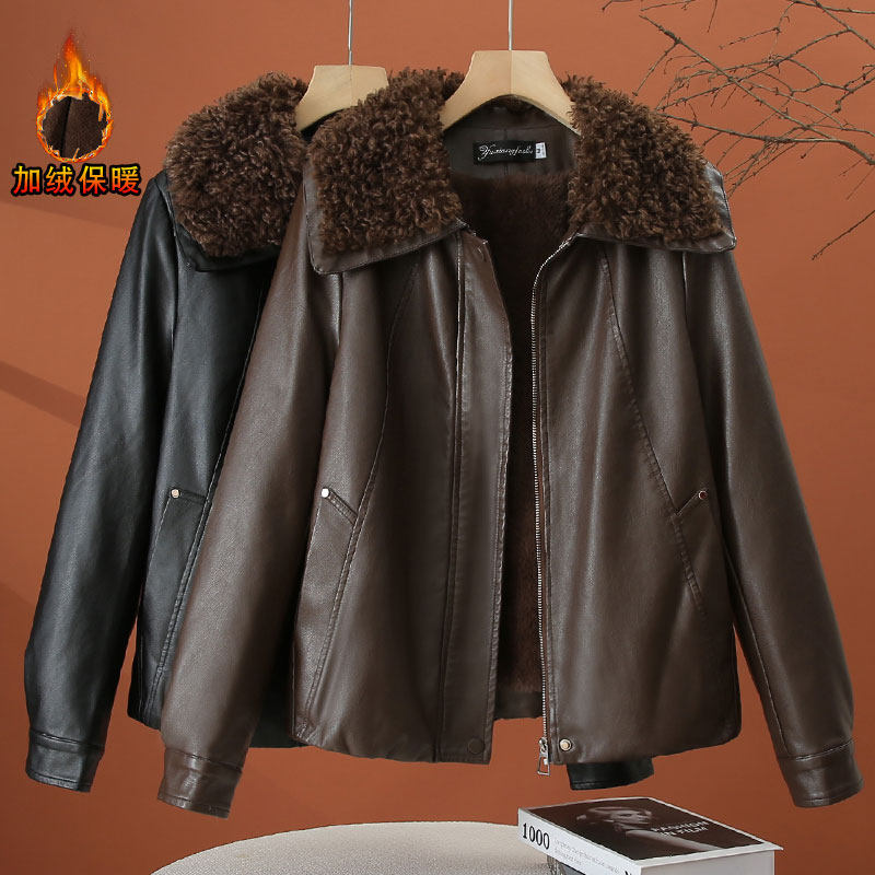 毛领加绒加厚皮衣外套女冬季2025年新款宽松保暖女士PU皮夹克上衣