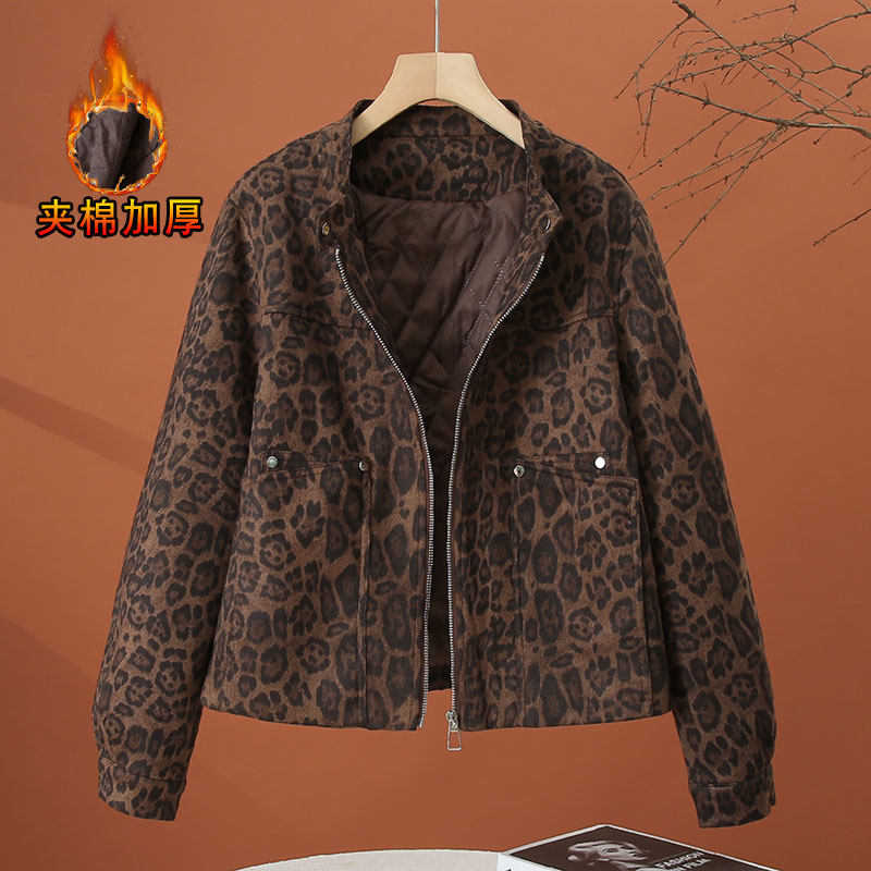 加棉加厚豹纹外套女秋冬季2026新款夹克外衣宽松休闲百搭短款上衣