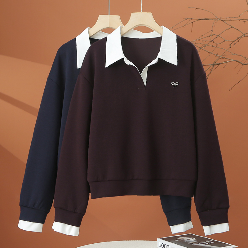 撞色拼接翻领长袖t恤女秋季