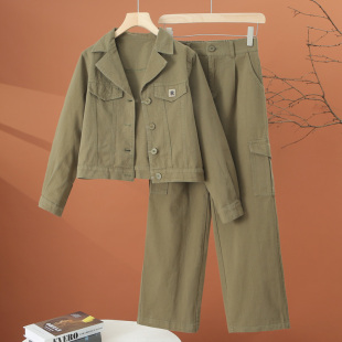 时尚工装牛仔套装女秋款2026新款春季洋气休闲短外套阔腿裤两件套
