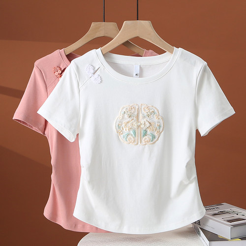 缪真短袖国风薄款刺绣盘扣t恤女