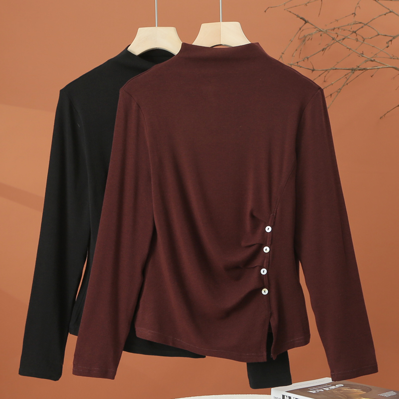 不规则半高领长袖t恤女秋季2025新款洋气打底衫时尚收腰显瘦上衣