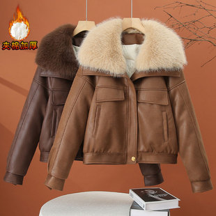 大毛领夹棉皮衣外套女冬季2025新款宽松百保暖夹克短款加厚外衣服
