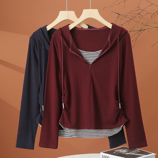 假两件长袖连帽t恤女春季2026新款洋气时尚小衫短款收腰女士上衣