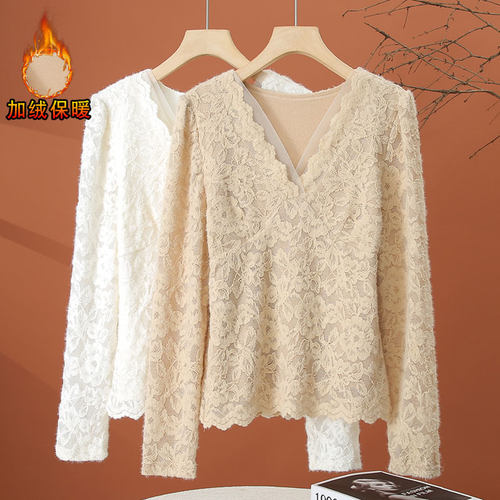 加绒加厚蕾丝打底衫女秋冬