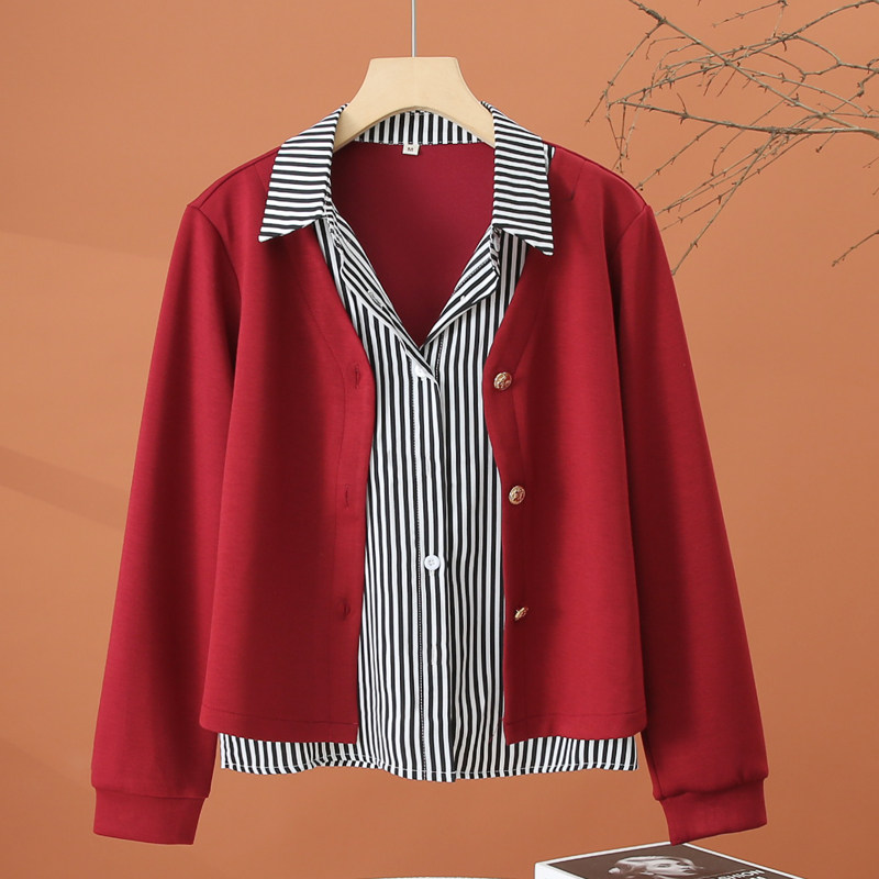 假两件条纹拼接衬衫女春季2026新款洋气时尚衬衣减龄女士红色上衣