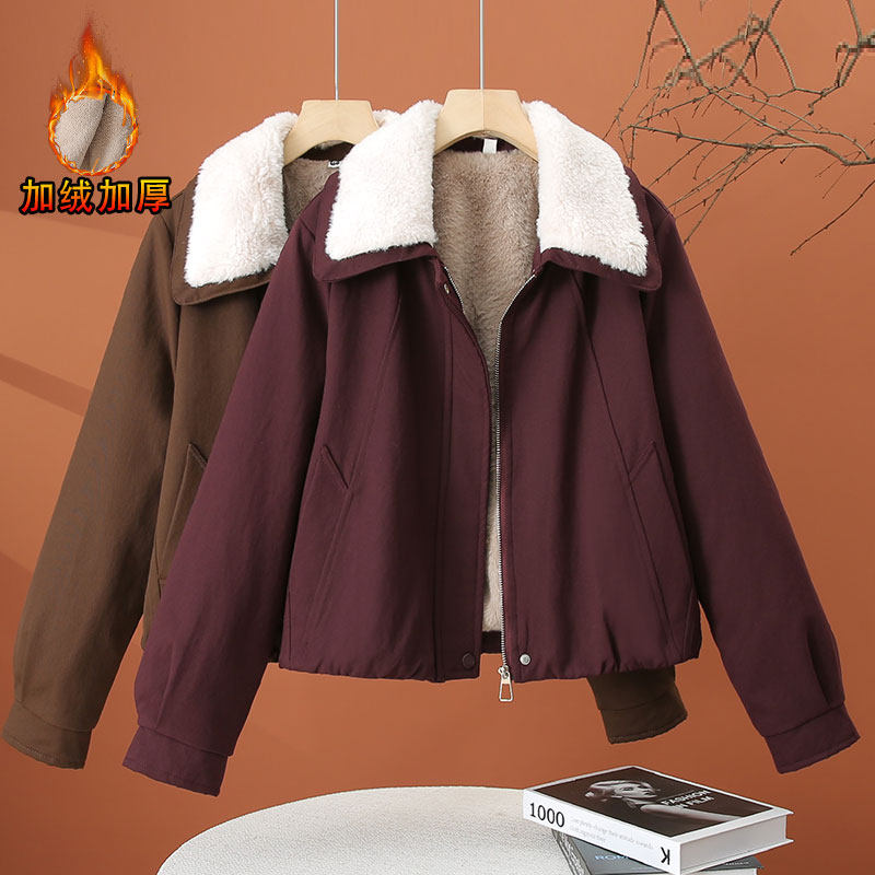 加绒加厚大毛领翻领外套女秋冬2025新款棉衣冬季保暖女士短款外衣