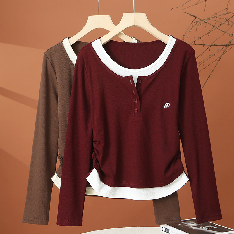 假两件长袖t恤女早秋2025新款
