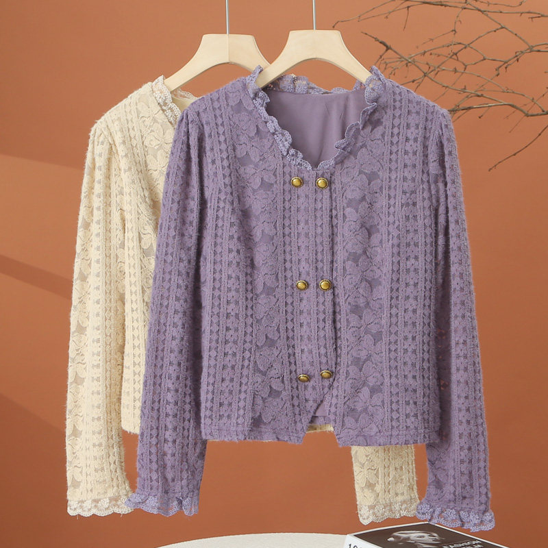 秋季长袖v领蕾丝衬衫女2025新款洋气时尚打底衫修身女士短款上衣