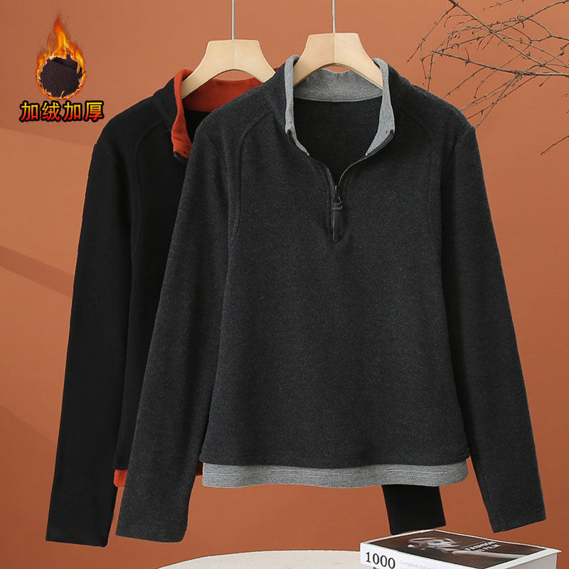 加绒加厚T恤女长袖2026秋冬季新款半拉链立领上衣洋气内搭打底衫
