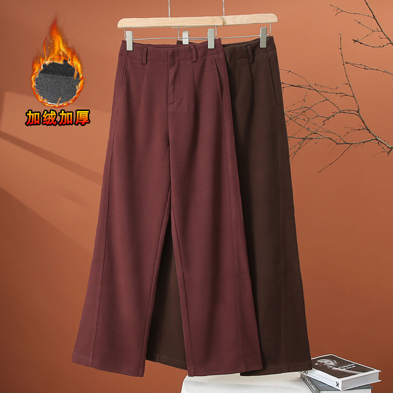 加绒加厚毛呢阔腿裤女秋冬季