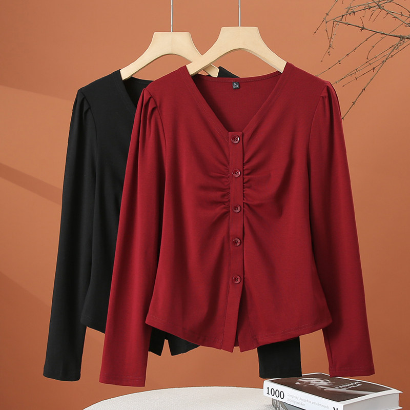 v领长袖t恤女春季2026新款时尚洋气小衫修身显瘦女士褶皱短款上衣