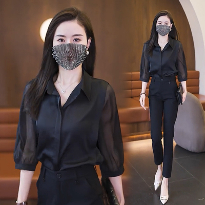 缪真宽松七分袖纯色雪纺衬衫女