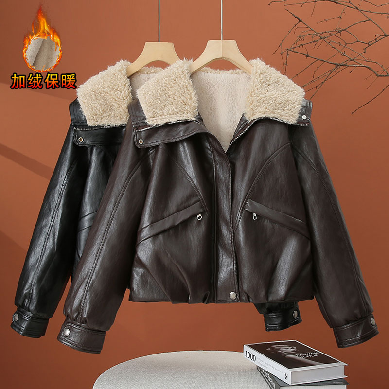 大翻领加绒加厚皮衣外套女2025