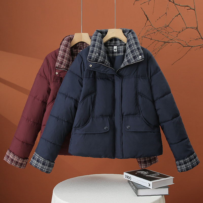 格子拼接立领棉服女装2025冬季新款小个子宽松百搭冬装棉袄厚外套