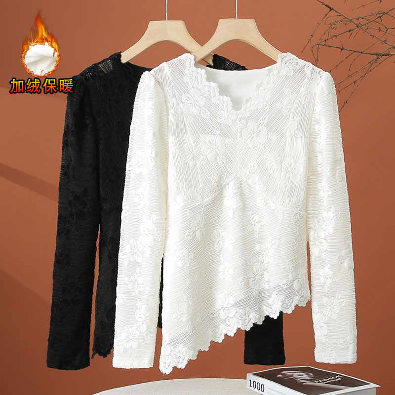 不规则加绒长袖蕾丝打底衫女秋冬