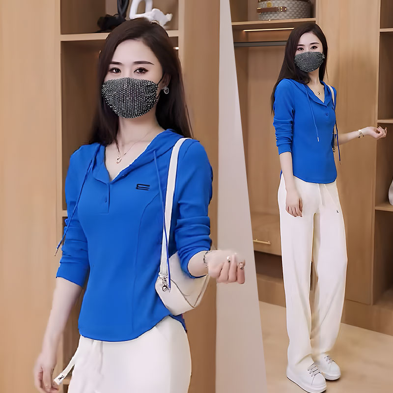 长袖连帽t恤女春秋2025新款减龄小衫小个子修身显瘦女士短款上衣