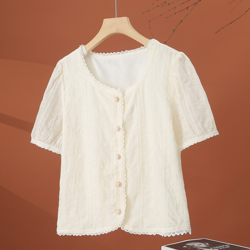 钩花短袖蕾丝衬衫女夏季