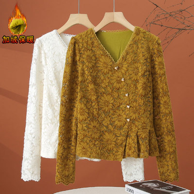 不规则加绒加厚蕾丝打底衫女秋冬