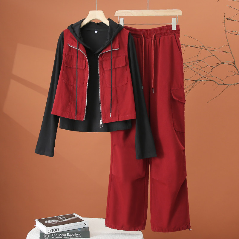 时尚工装阔腿裤套装女春装2026年新款洋气减龄时髦卫衣马甲三件套