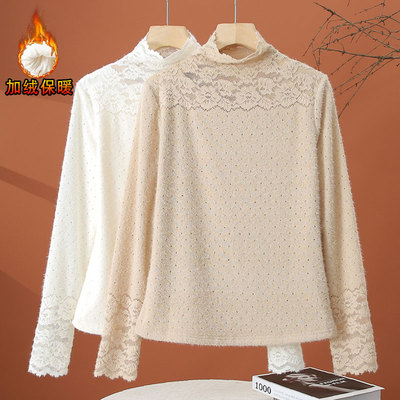 加绒半高领蕾丝打底衫女秋冬
