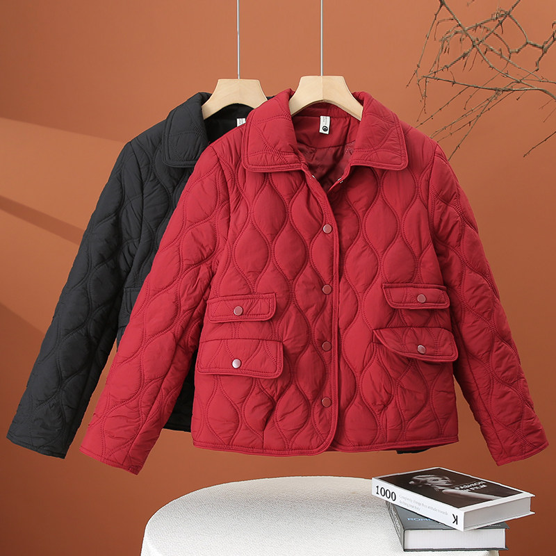 轻薄翻领棉服女冬季2025新款红色棉袄小个子宽松百搭短款棉衣外套