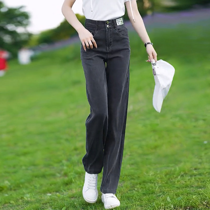烟灰色天丝牛仔裤女夏季显瘦女士休闲裤子夏款高腰直筒冰丝阔腿裤