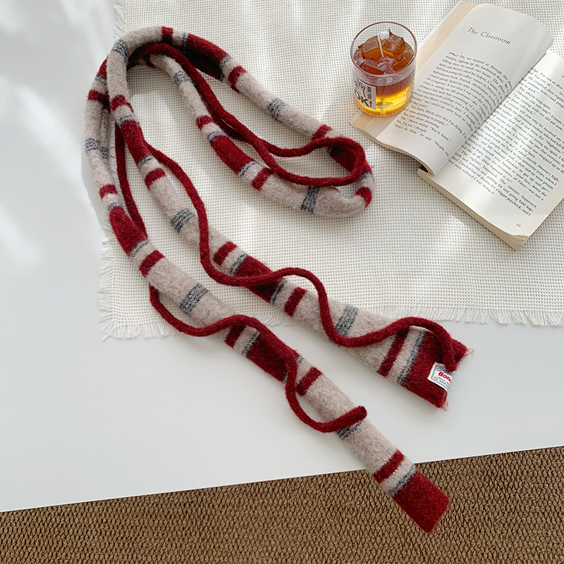 细围巾女2025新款秋冬季美式复古条纹原宿风围脖小众拼色长条针织