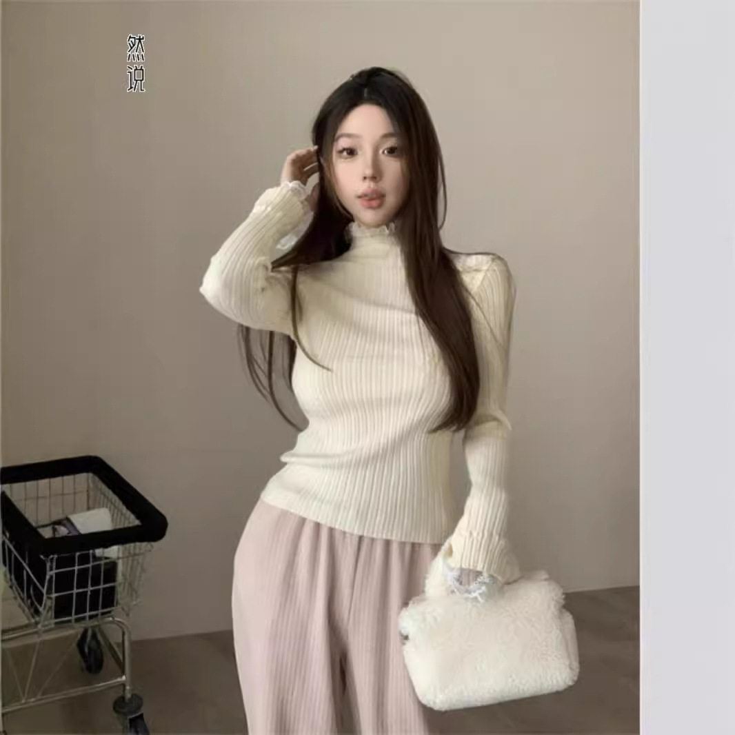 蕾丝拼接高领针织打底衫女秋冬季内搭修身显瘦气质毛衣高级感上衣