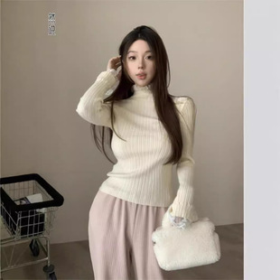 蕾丝拼接高领针织打底衫女秋冬季内搭修身显瘦气质毛衣高级感上衣