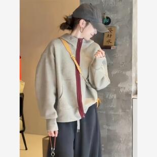 灰色连帽卫衣外套女款秋2025新款早秋季撞色独特漂亮女士开衫上衣