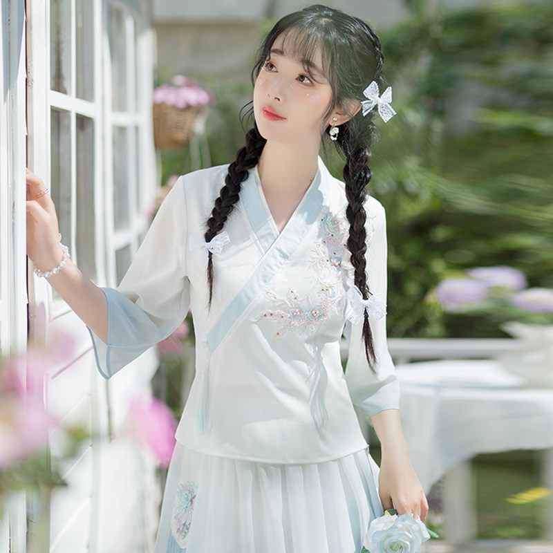 采耳师服装仙气唐装女装中国风改良中式上衣茶艺师汉服工作服套装-封面