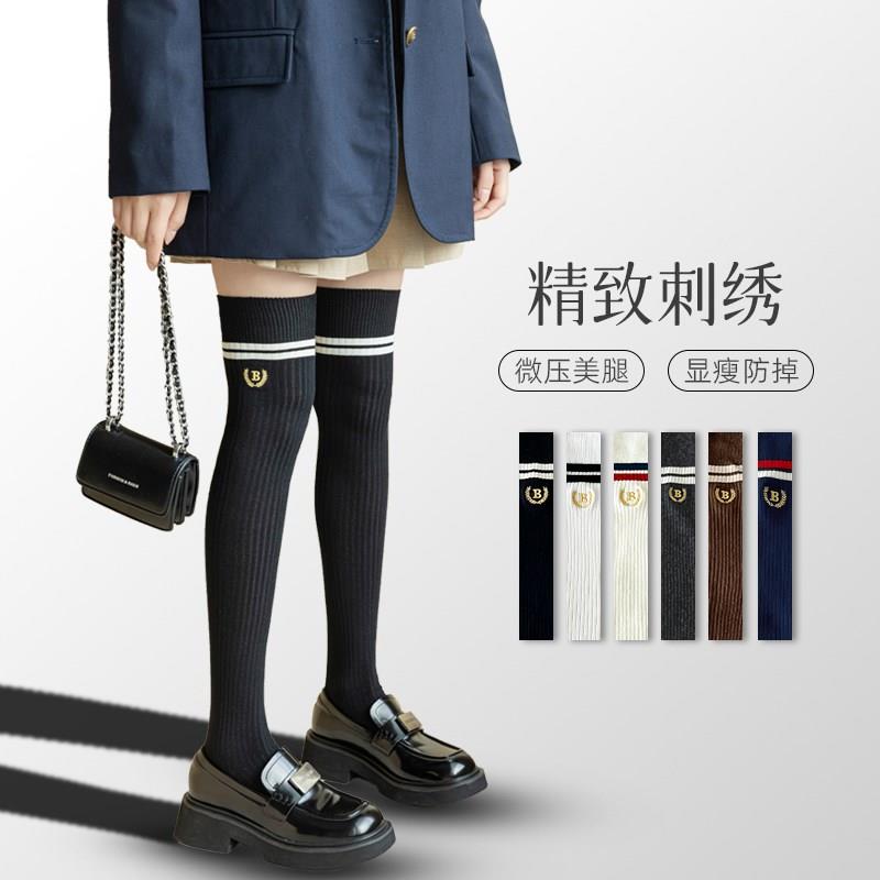 压力过膝袜女春秋学院风二杠jk黑白色长筒袜子高筒大腿袜
