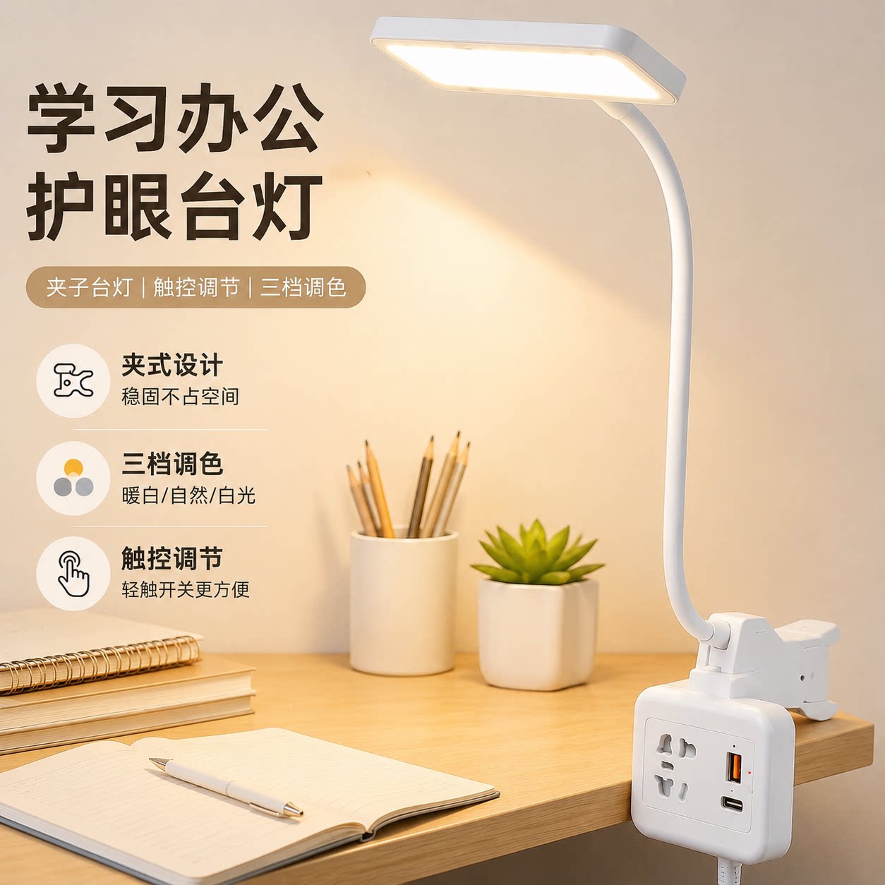 正品官方公矢夹子台灯学生宿舍床头学习灯触控三档调色桌面护眼阅