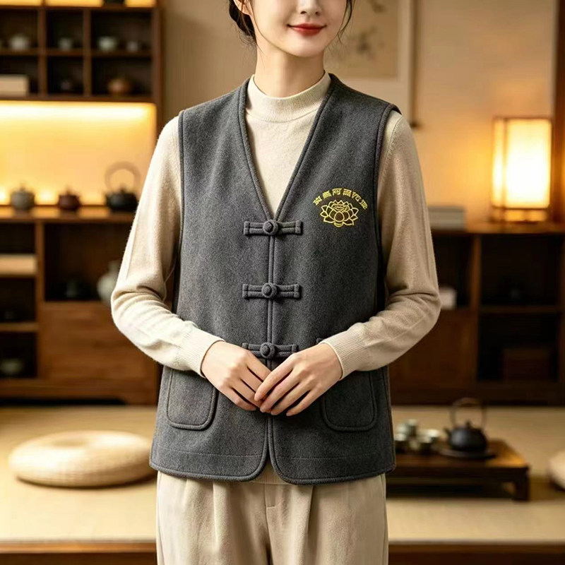 秋冬毛呢绒中式马甲背心呢料加厚居士服义工服寺院僧服可批量定制