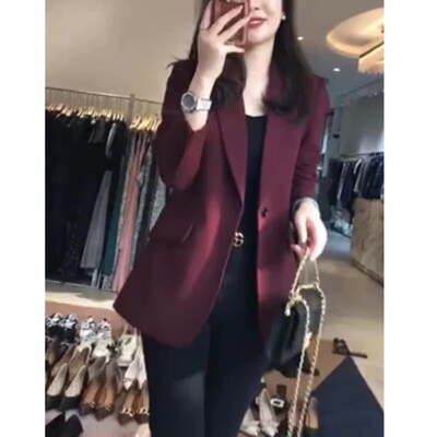 法国cherrykoko秋季新款洋气紫红色西装外套小个子职业上衣女