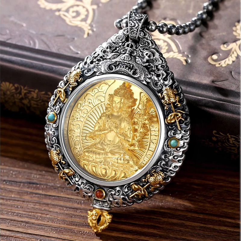 种花家无事牌银镶嵌猛犸象牙生肖本命佛九宫八卦牌泰银吊坠男女