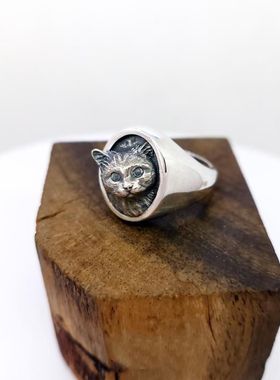 种花家无事牌立体浮雕猫咪戒指男女款复古个性风潮ins小众设计