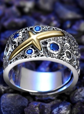 种花家无事牌s925银密码蓝石戒指男银单身霸气潮人原创星空手工