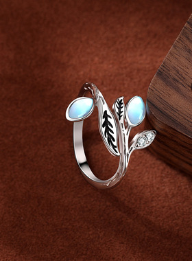 法国cherrykoko欧美新款925银树叶子指环复古小众食指戒月光石