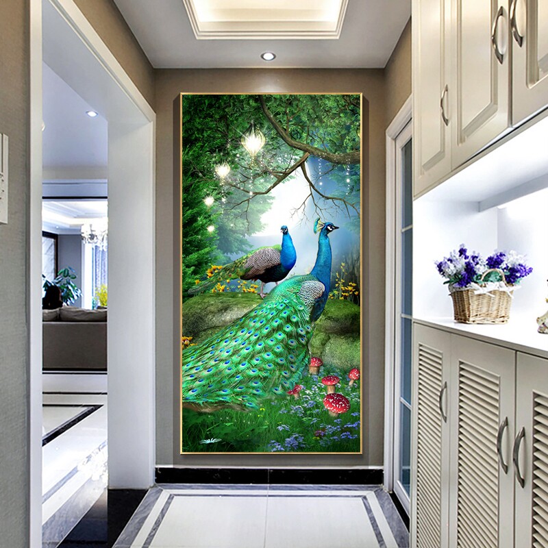 富贵孔雀挂画开屏玄关装饰画寓意中式大气走廊墙壁画欧式凤凰