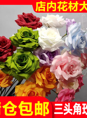 厂家直销三头角玫瑰仿真花钻石玫瑰假花玫瑰瀑布花墙婚庆路引插花